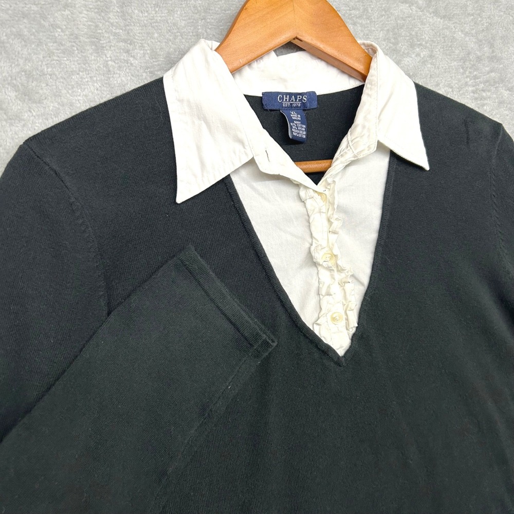 Chaps Layered Sweater Women XL Black White Inset Ruffle Preppy Romantic Academia